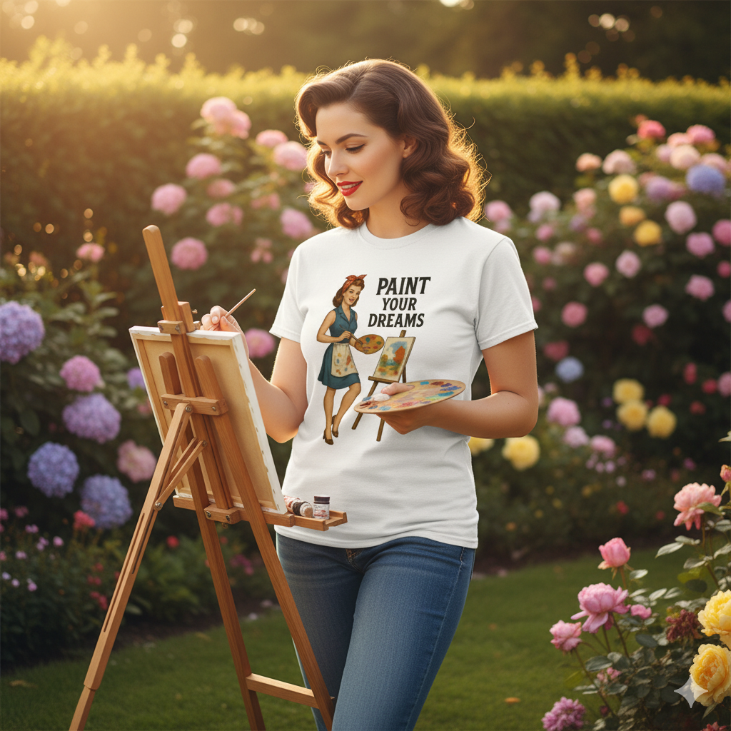 Camiseta larga de Artista para Mujer - Diseño Vintage Pin Up "Paint Your Dreams"