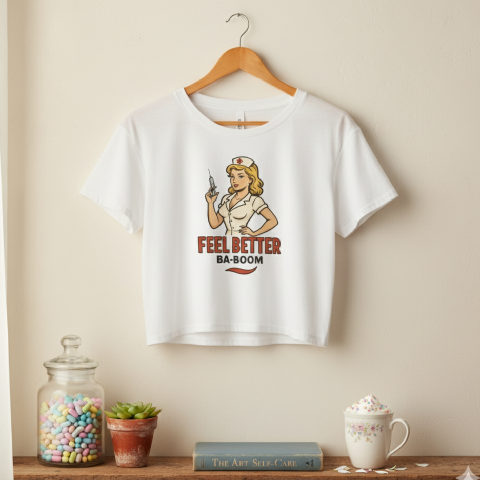 Crop Top de Enfermera para Mujer - Camiseta Corta Retro "Feel Better Ba-Boom"