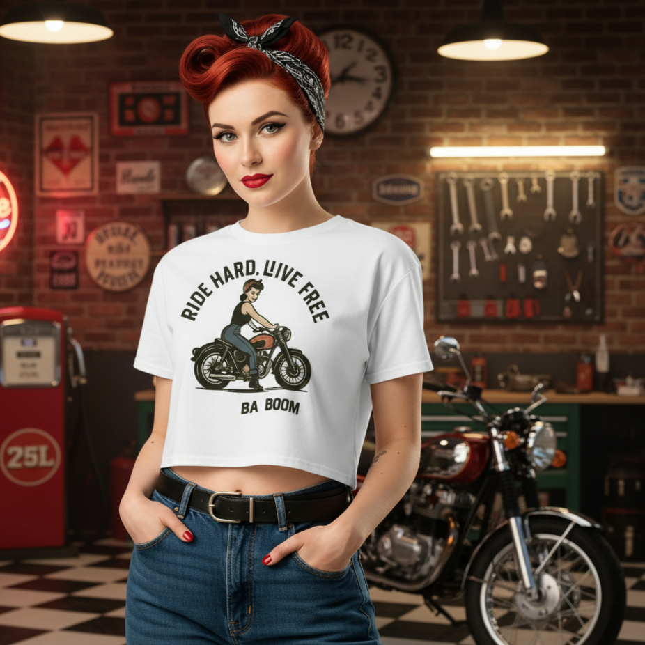 Crop Top Motera para Mujer - Camiseta Corta Retro Pin Up "Ride Hard Live Free"