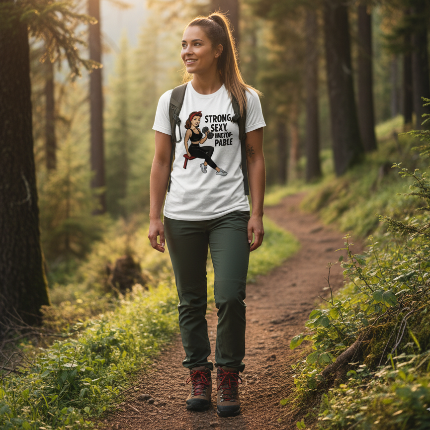 Camiseta Fitness para Mujer - Diseño Vintage Pin Up       "Strong, Sexy, Unstoppable"