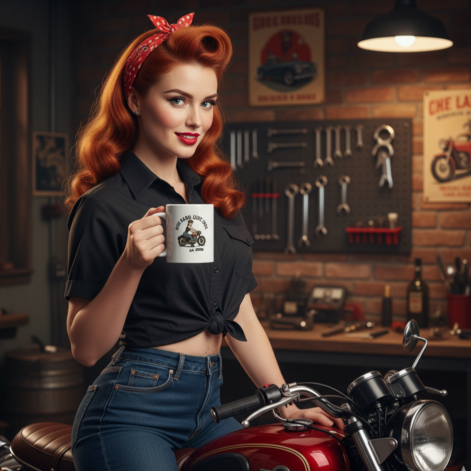 Taza de Cerámica Motera Vintage - Regalo para Mujer Pin Up "Ride Hard Live Free"
