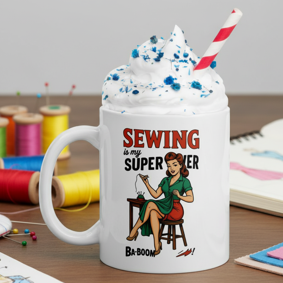 Taza de Cerámica para Costura - Regalo Original Pin Up       "Sewing is my superpower"