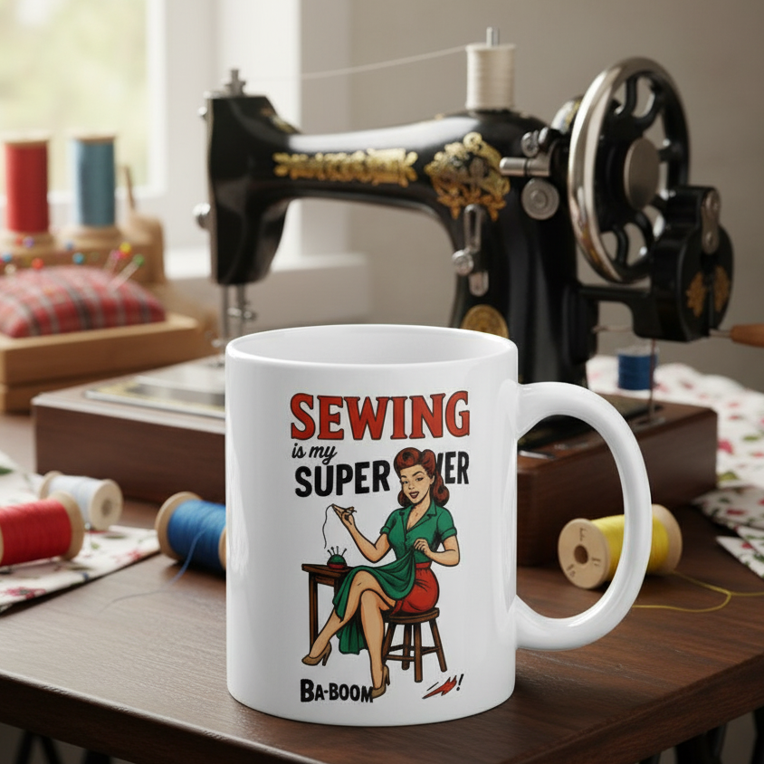 Taza de Cerámica para Costura - Regalo Original Pin Up       "Sewing is my superpower"