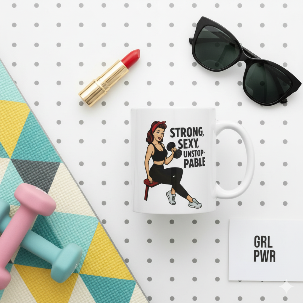 Taza de Cerámica Fitness - Diseño Pin Up                     "Strong, Sexy, Unstoppable"