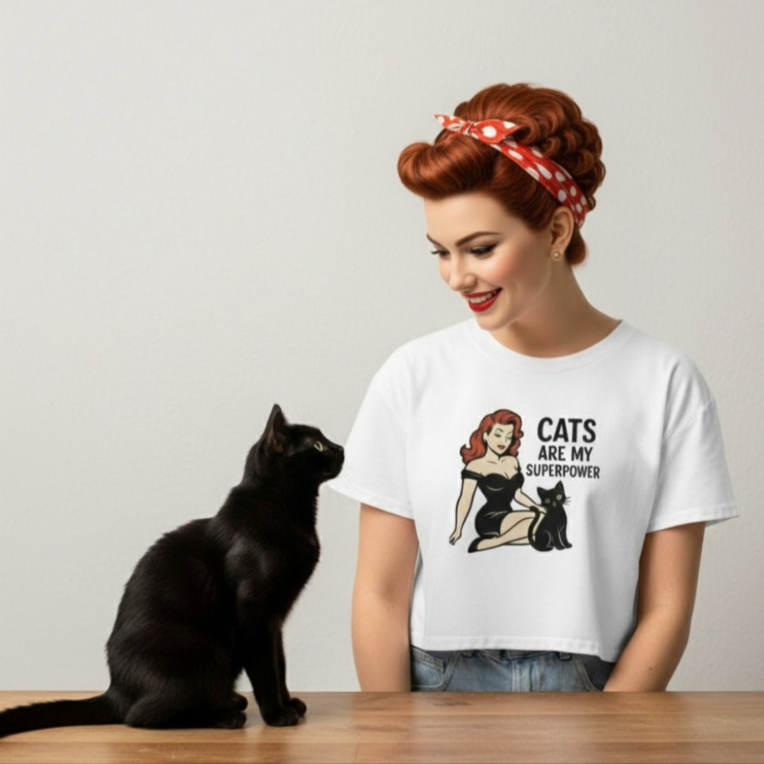 Crop Top de Gato para Mujer - Camiseta Corta Retro Pin Up "Cats Are My Superpower"