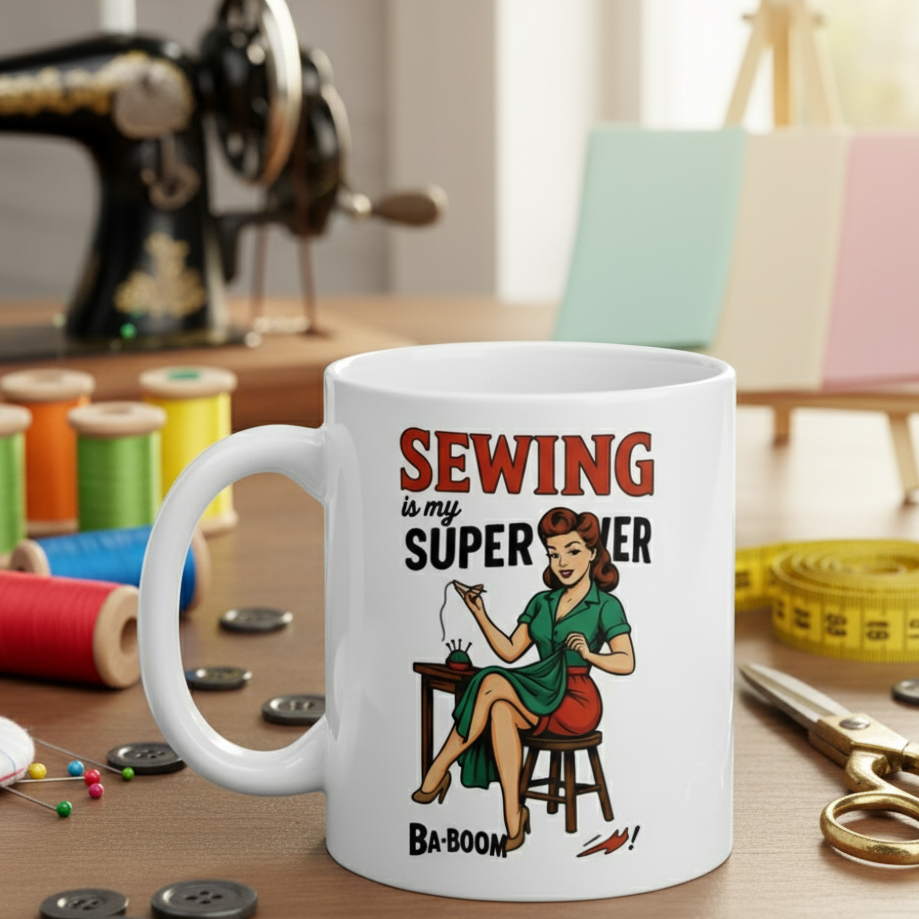 Taza de Cerámica para Costura - Regalo Original Pin Up       "Sewing is my superpower"