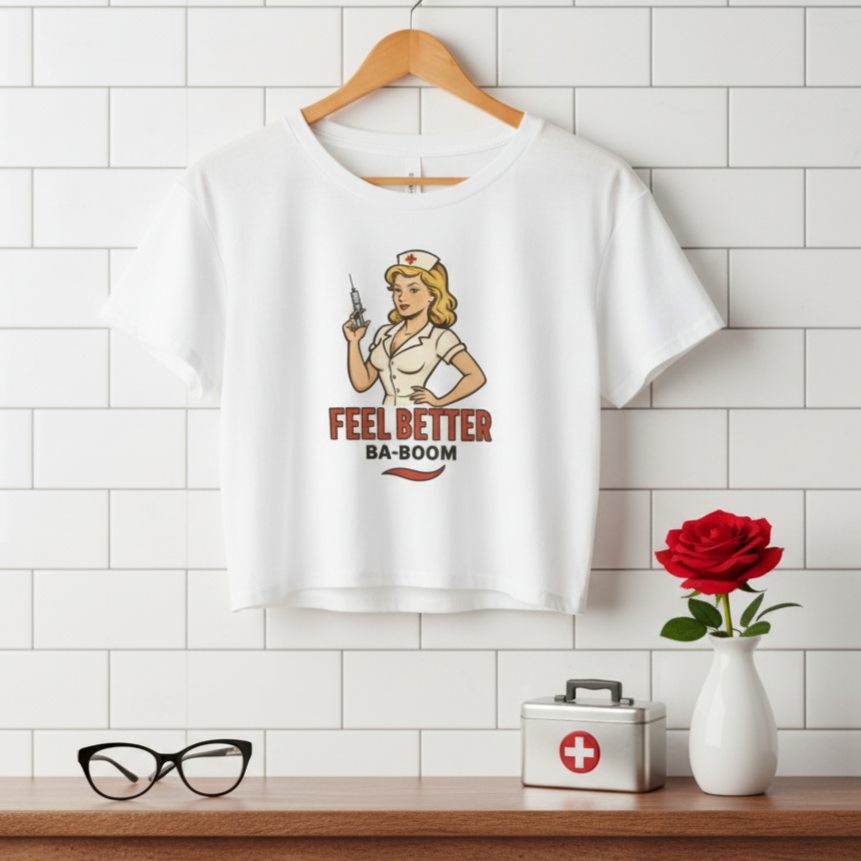 Crop Top de Enfermera para Mujer - Camiseta Corta Retro "Feel Better Ba-Boom"