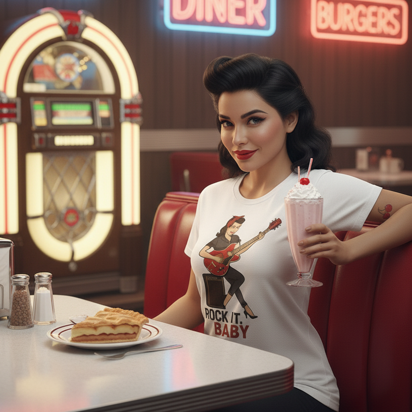 Camiseta Rockabilly para Mujer - Diseño Vintage Pin Up              "Rock It, Baby"