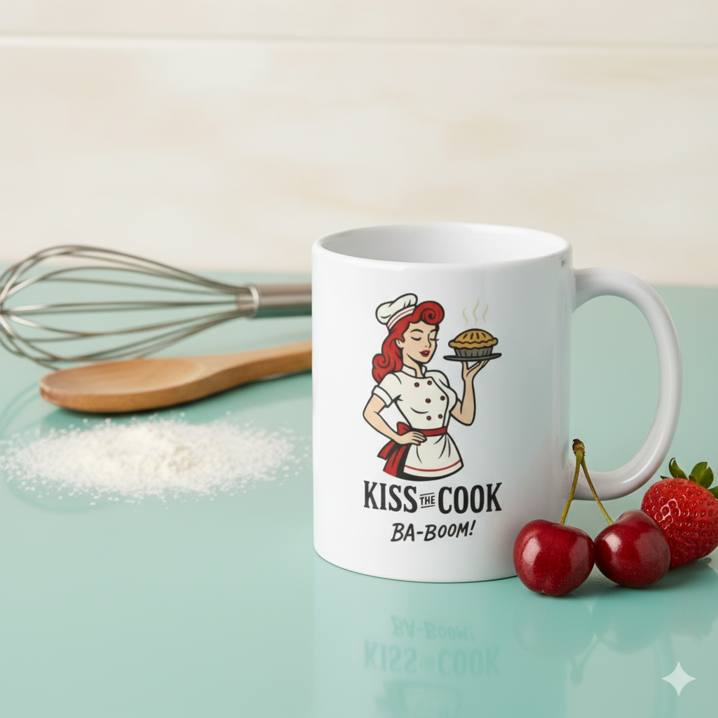 Taza de Cerámica Cocinera Retro - Regalo Original Pin Up          "Kiss the Cook Ba-Boom"