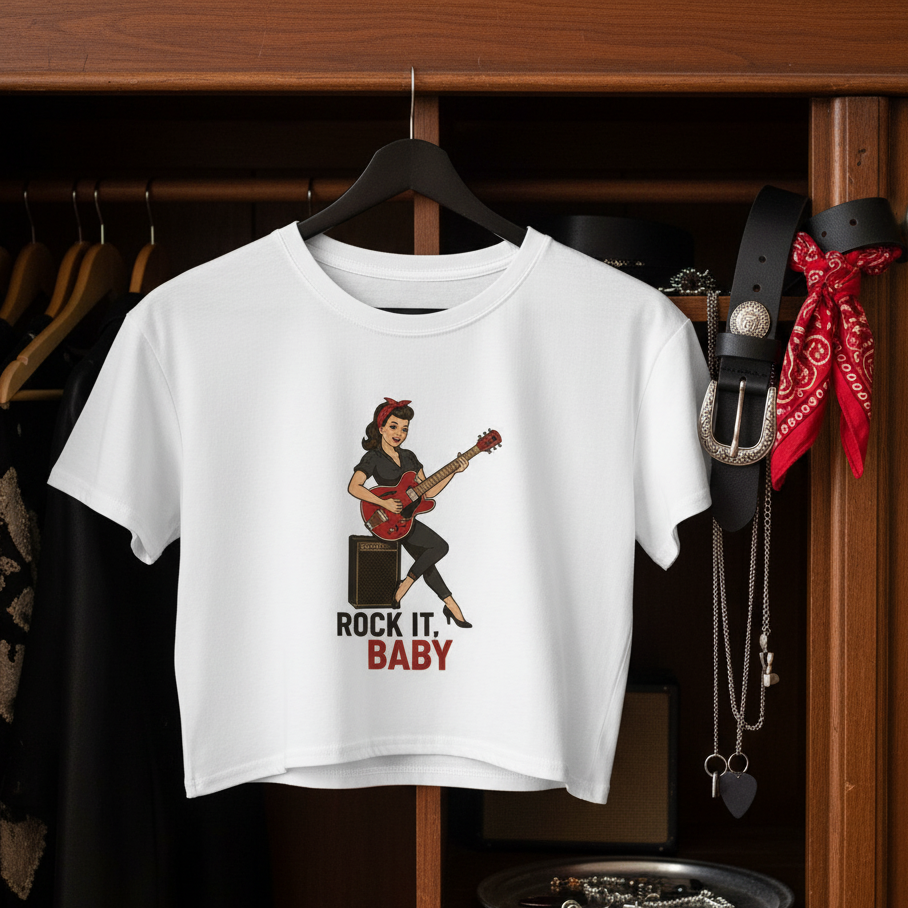 Crop Top Rockera para Mujer - Camiseta Corta Retro Pin Up "Rock It, Baby"