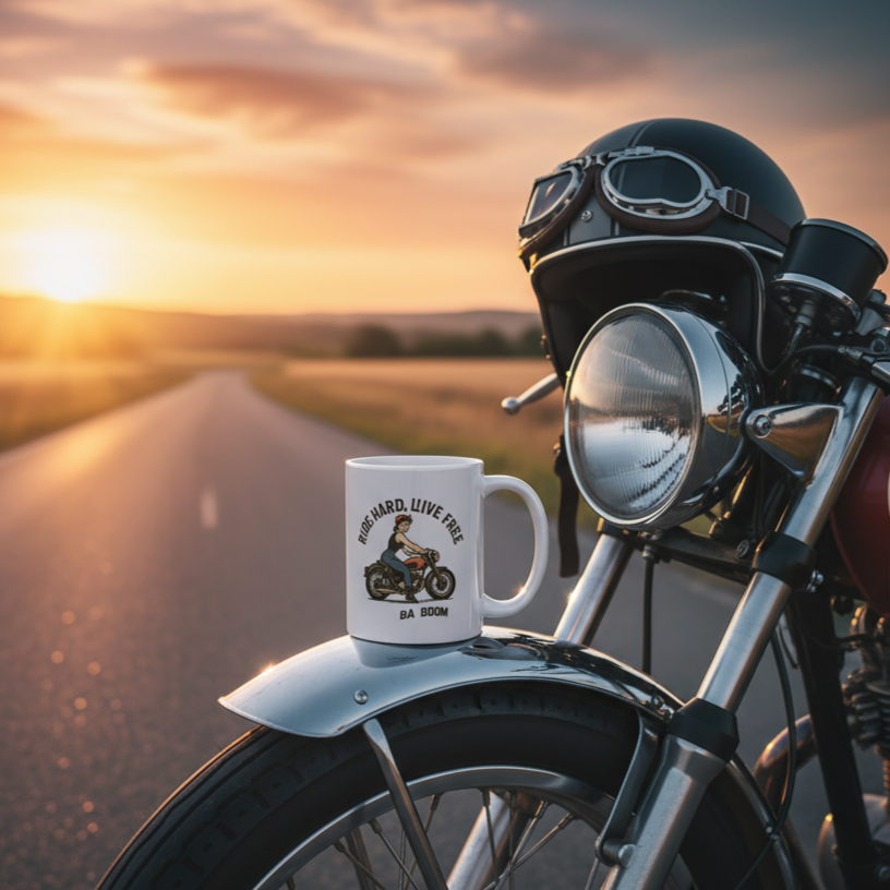 Taza de Cerámica Motera Vintage - Regalo para Mujer Pin Up "Ride Hard Live Free"