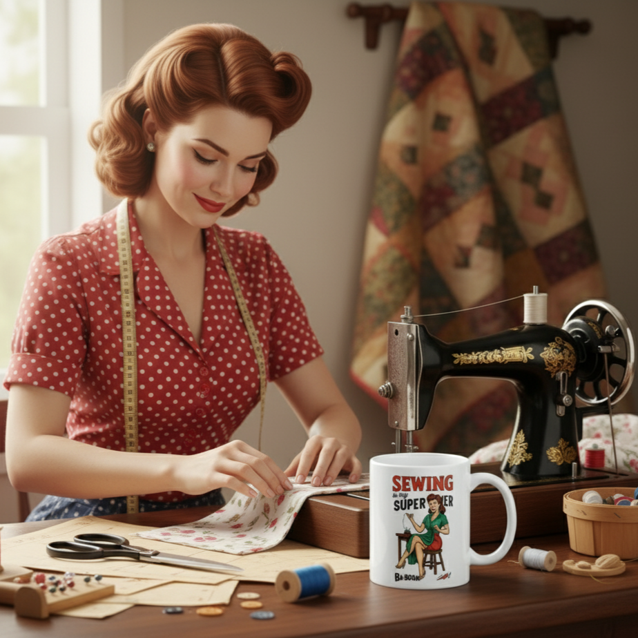 Taza de Cerámica para Costura - Regalo Original Pin Up       "Sewing is my superpower"