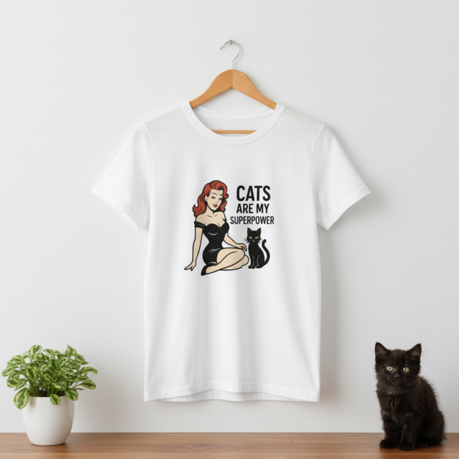 Camiseta de Gato para Mujer       - Diseño Vintage Pin Up        "Cats Are My Superpower"