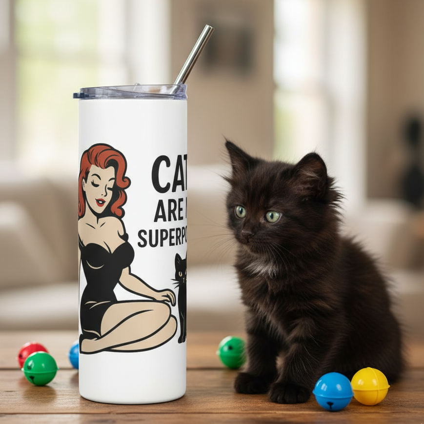 Vaso de Acero Inoxidable para Café - Diseño Gato Pin Up      "Cats Are My Superpower"