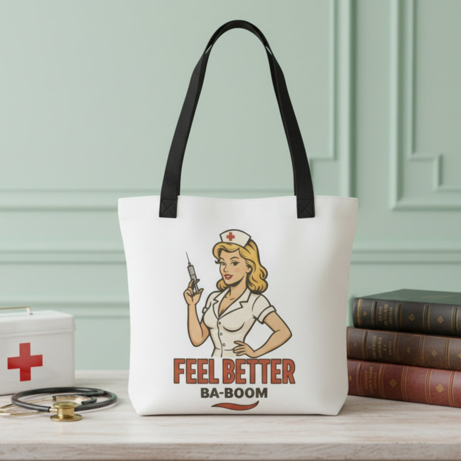 Bolso Tote para Enfermera - Bolsa de Tela Estilo Pin Up     "Feel Better Ba-Boom"