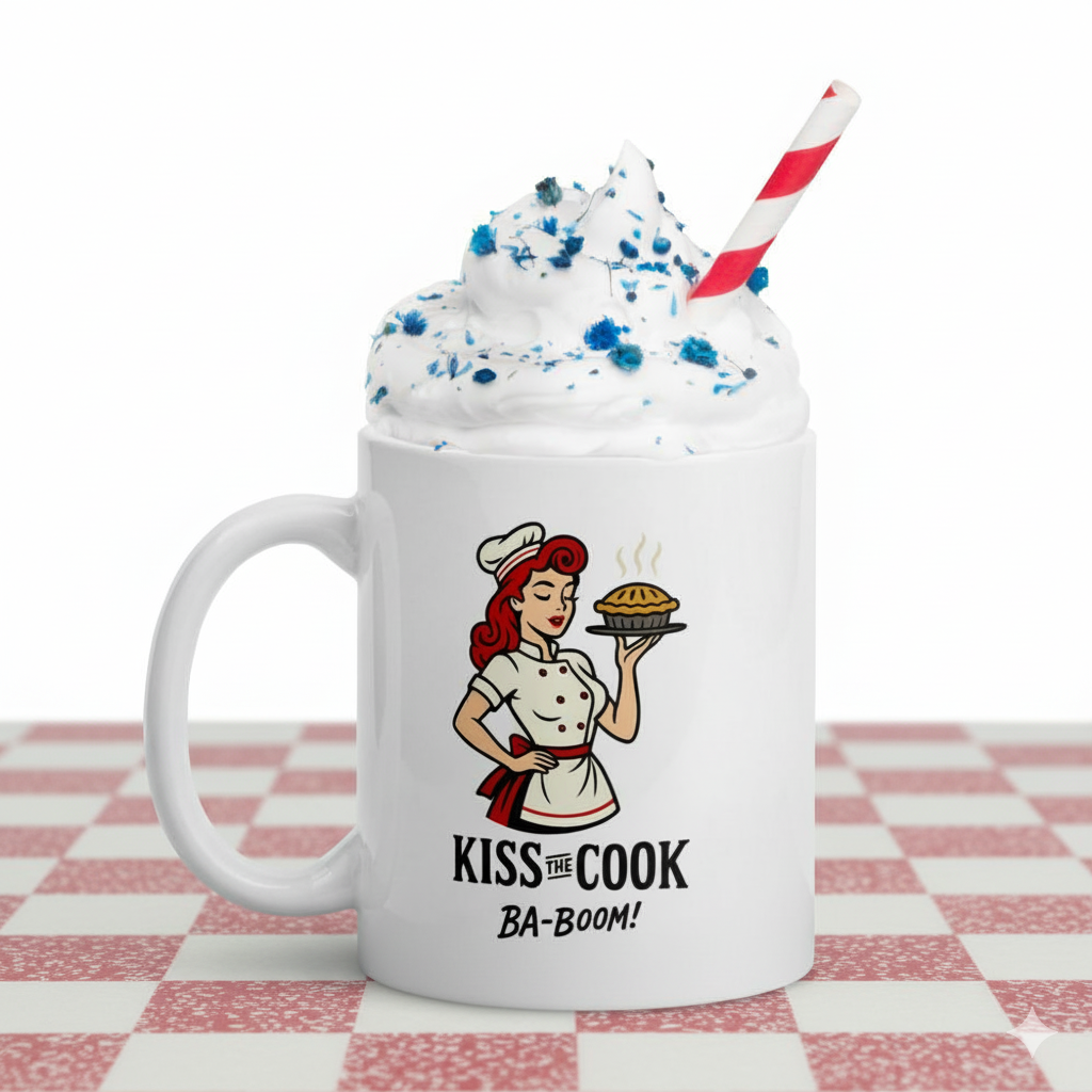 Taza de Cerámica Cocinera Retro - Regalo Original Pin Up          "Kiss the Cook Ba-Boom"