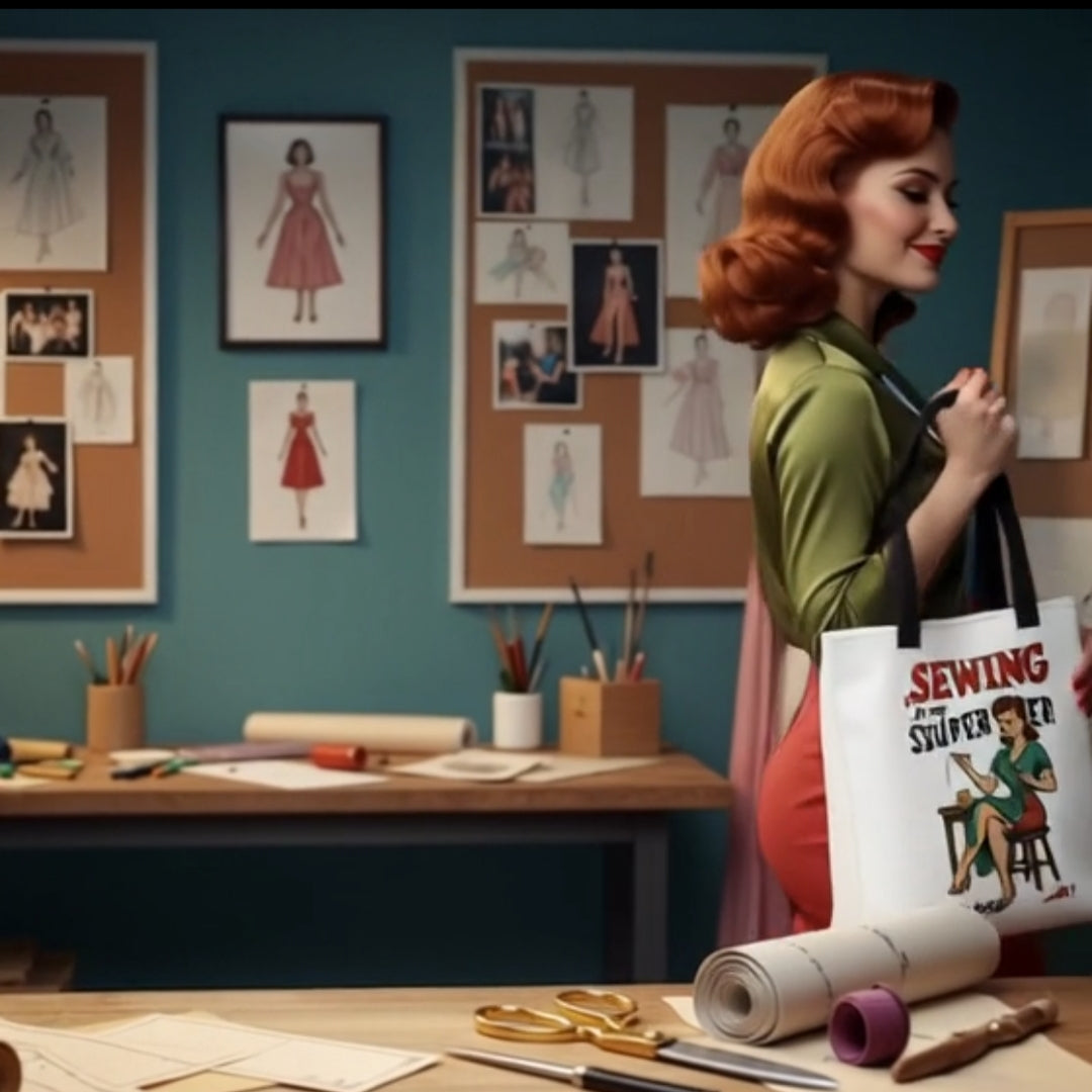 Bolso Tote para Costura y Labores - Bolsa de Tela Pin Up "Sewing is my superpower"