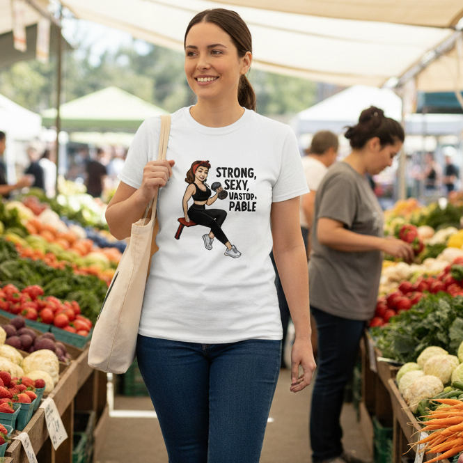 Camiseta Fitness para Mujer - Diseño Vintage Pin Up       "Strong, Sexy, Unstoppable"