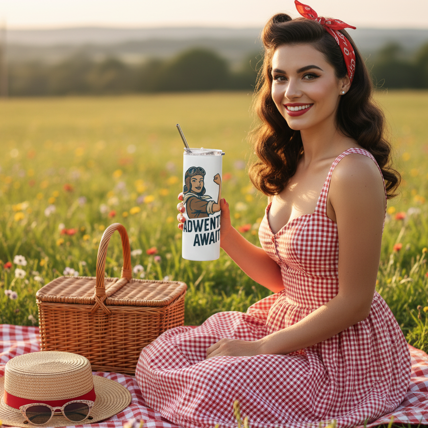 Vaso de Acero Inoxidable Aviadora - Botella Térmica Pin Up "Adventure Awaits"