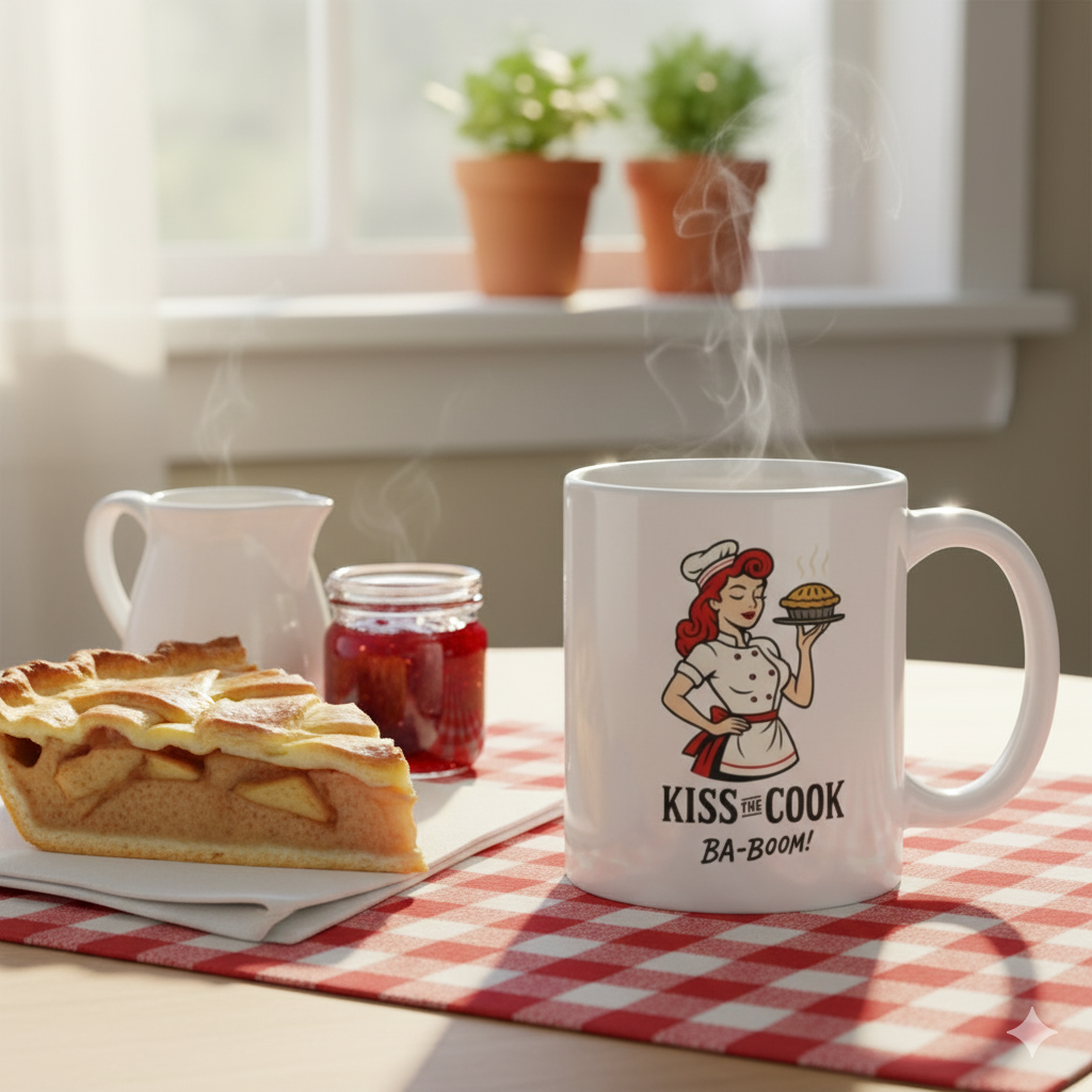 Taza de Cerámica Cocinera Retro - Regalo Original Pin Up          "Kiss the Cook Ba-Boom"