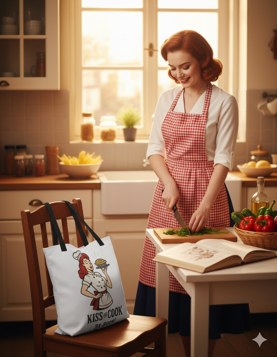 Bolso Tote para Cocinera y Compra - Estilo Pin Up            "Kiss the Cook Ba-Boom"