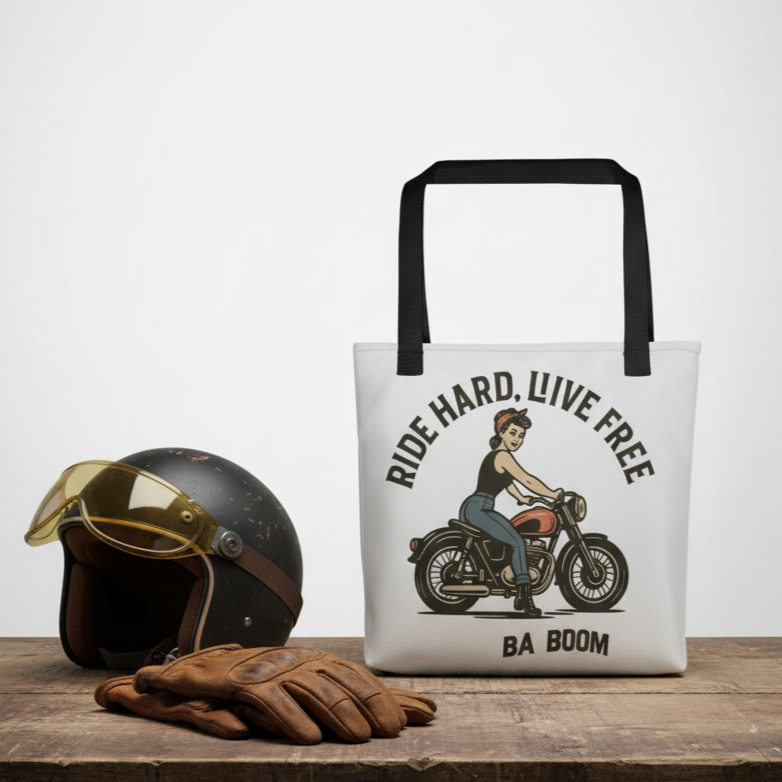 Bolso Tote Motera Retro                                        - Estilo Pin Up                             "Ride Hard Live Free"
