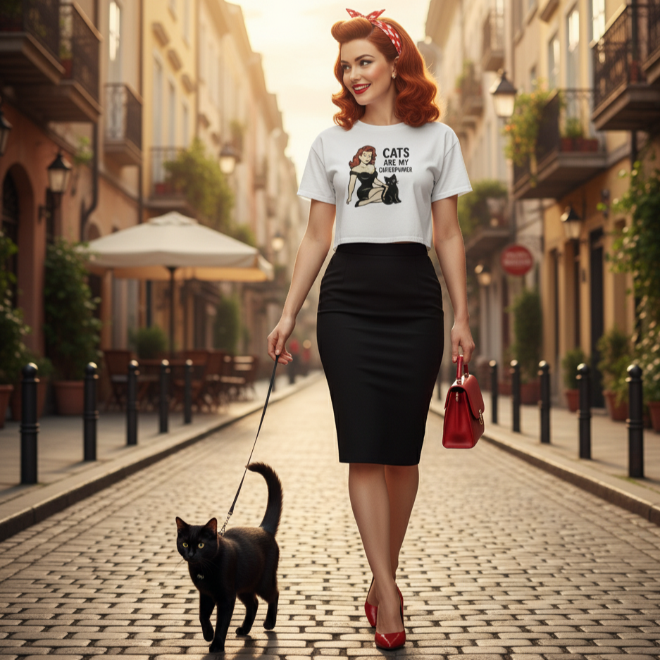 Crop Top de Gato para Mujer - Camiseta Corta Retro Pin Up "Cats Are My Superpower"