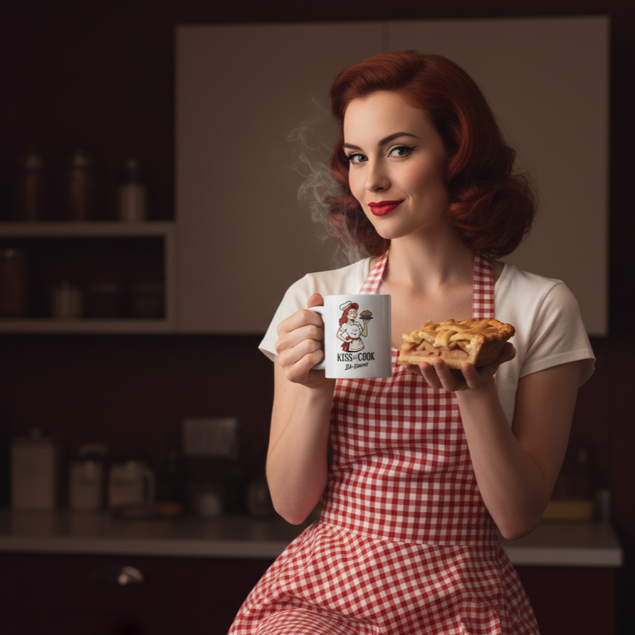 Taza de Cerámica Cocinera Retro - Regalo Original Pin Up          "Kiss the Cook Ba-Boom"