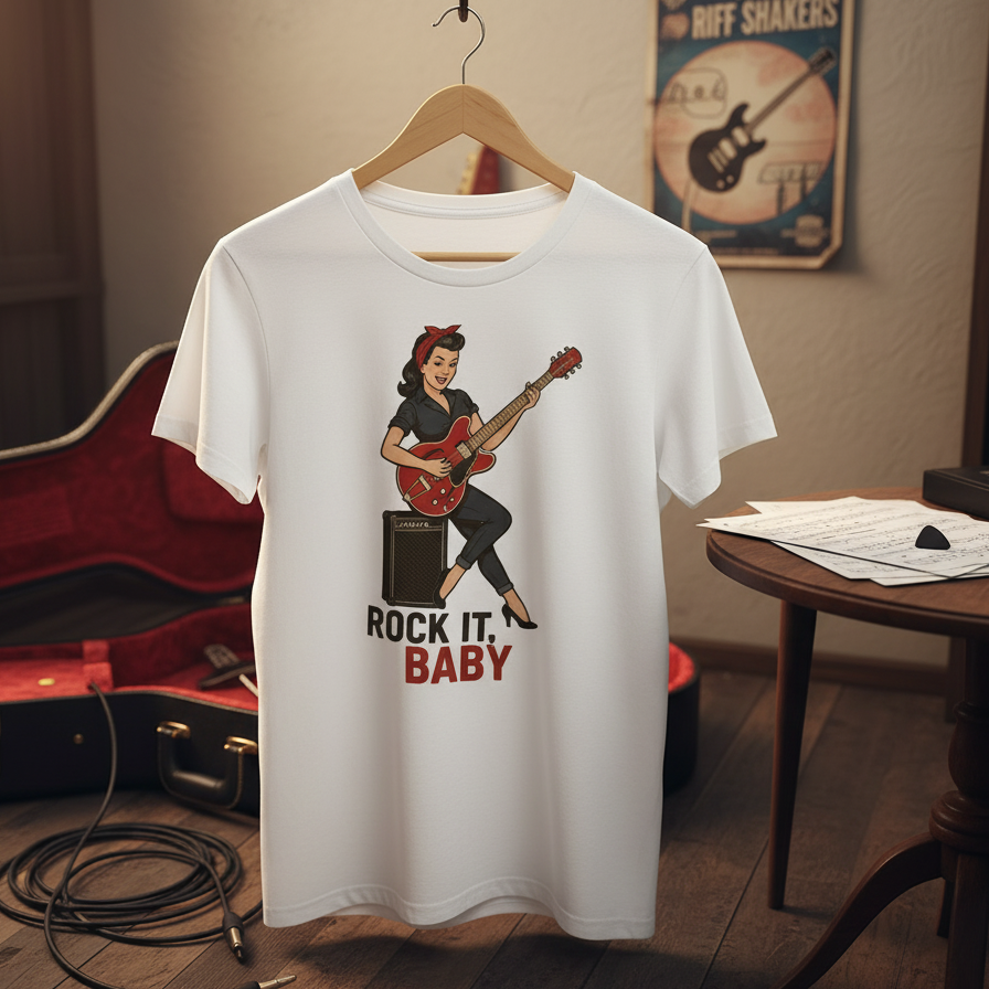 Camiseta Rockabilly para Mujer - Diseño Vintage Pin Up              "Rock It, Baby"