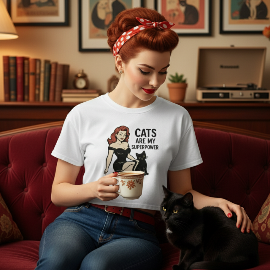 Crop Top de Gato para Mujer - Camiseta Corta Retro Pin Up "Cats Are My Superpower"