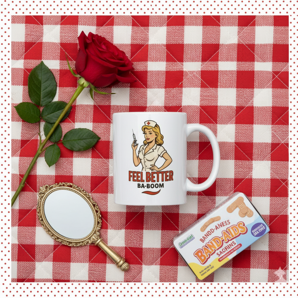 Taza de Cerámica Enfermera Retro - Regalo Sanitario Pin Up "Feel Better Ba-Boom"