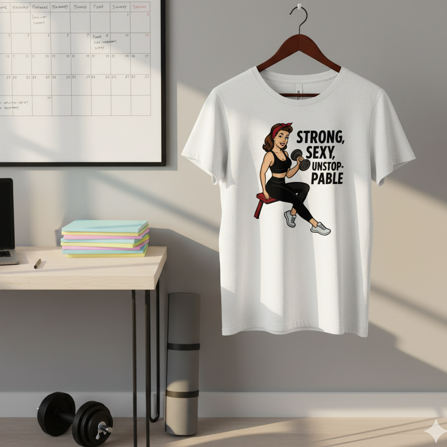 Camiseta Fitness para Mujer - Diseño Vintage Pin Up       "Strong, Sexy, Unstoppable"