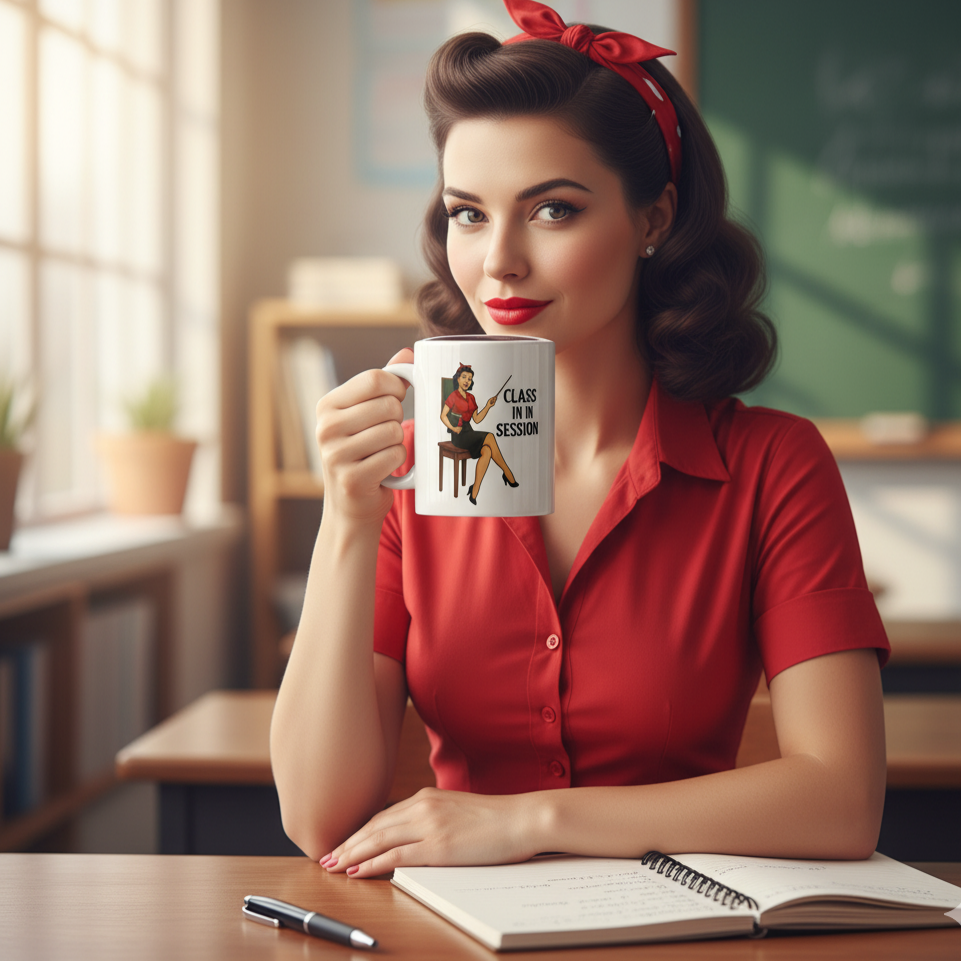 Taza de Cerámica para Profesora - Diseño Pin Up                       "Class in Session"