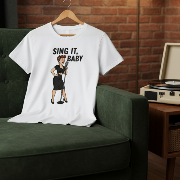 Camiseta de Música para Mujer - Diseño Vintage Pin Up            "Sing It, Baby"