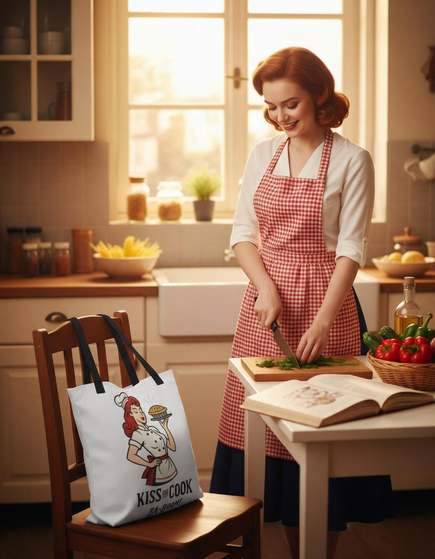Bolso Tote para Cocinera y Compra - Estilo Pin Up            "Kiss the Cook Ba-Boom"