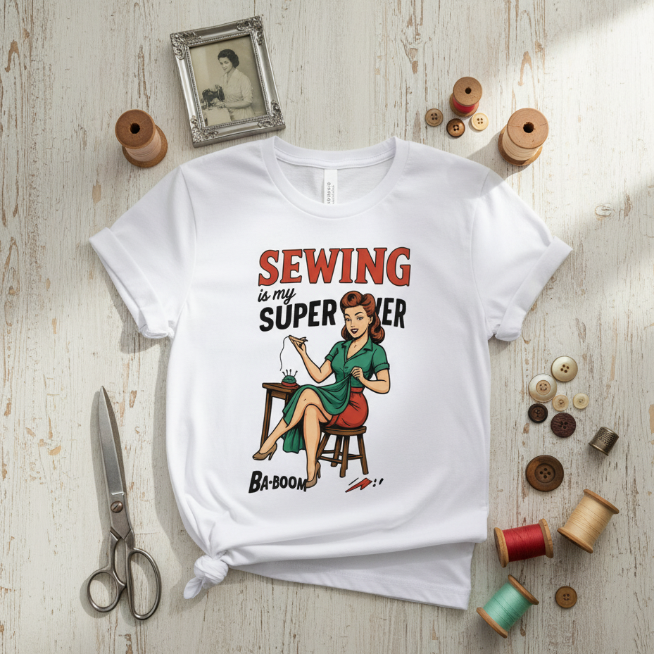 Camiseta larga de Costura para Mujer - Diseño Vintage      "Sewing is my superpower"