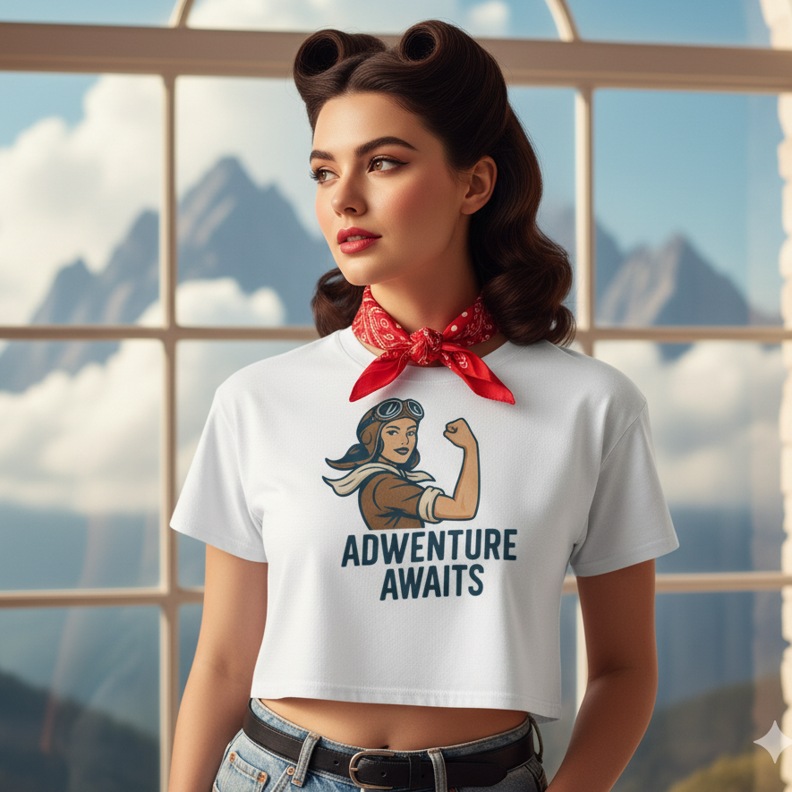 Crop Top de Aventura para Mujer - Camiseta Corta Retro "Adventure Awaits"