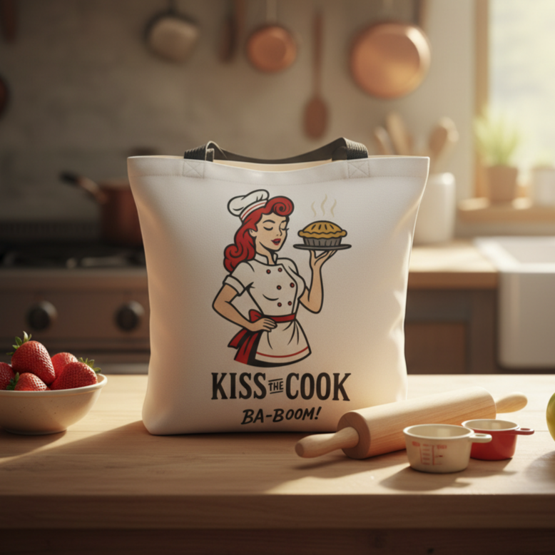 Bolso Tote para Cocinera y Compra - Estilo Pin Up            "Kiss the Cook Ba-Boom"