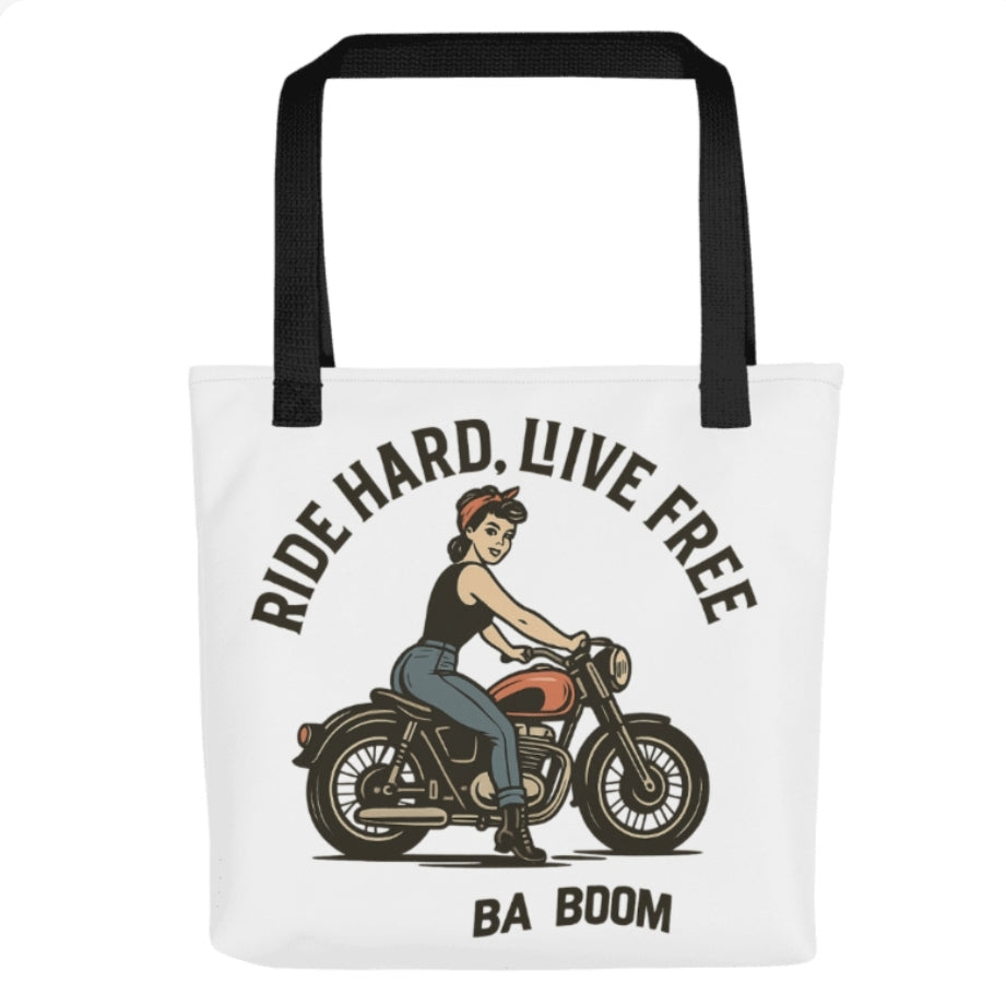 Bolso Tote Motera Retro                                        - Estilo Pin Up                             "Ride Hard Live Free"