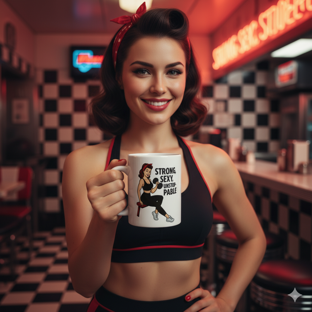 Taza de Cerámica Fitness - Diseño Pin Up                     "Strong, Sexy, Unstoppable"