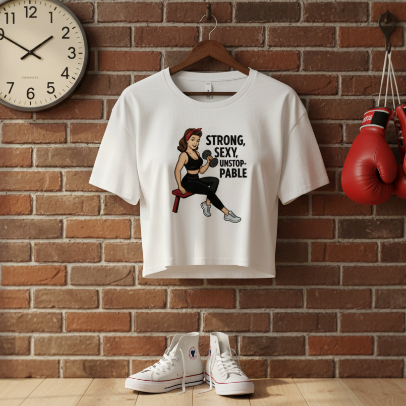 Crop Top Fitness para Mujer - Camiseta Corta Retro         "Strong, Sexy, Unstoppable"