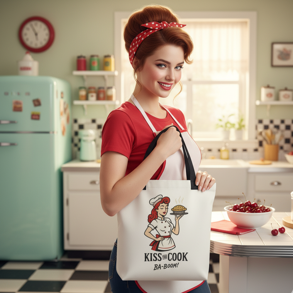 Bolso Tote para Cocinera y Compra - Estilo Pin Up            "Kiss the Cook Ba-Boom"