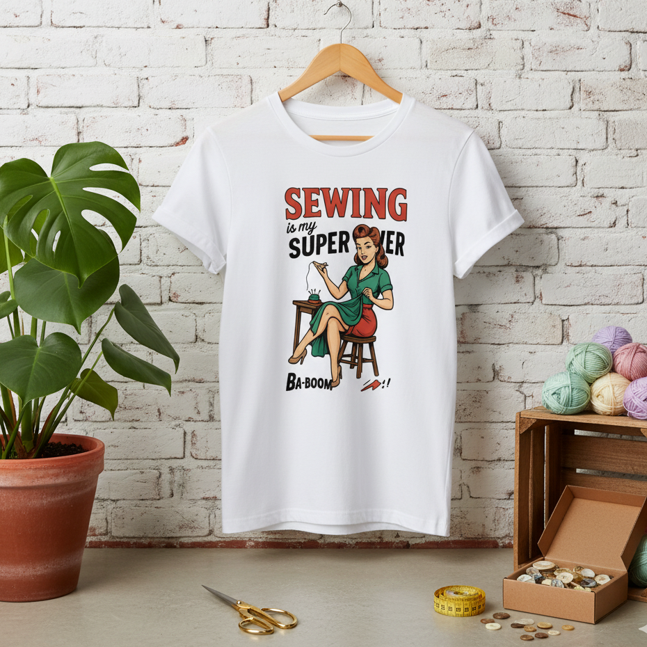 Camiseta larga de Costura para Mujer - Diseño Vintage      "Sewing is my superpower"