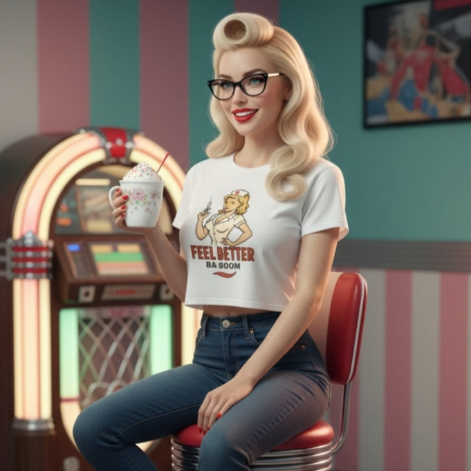 Crop Top de Enfermera para Mujer - Camiseta Corta Retro "Feel Better Ba-Boom"