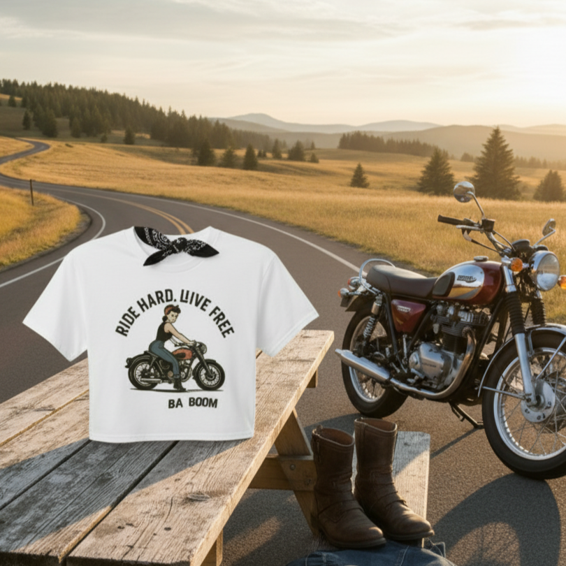 Crop Top Motera para Mujer - Camiseta Corta Retro Pin Up "Ride Hard Live Free"