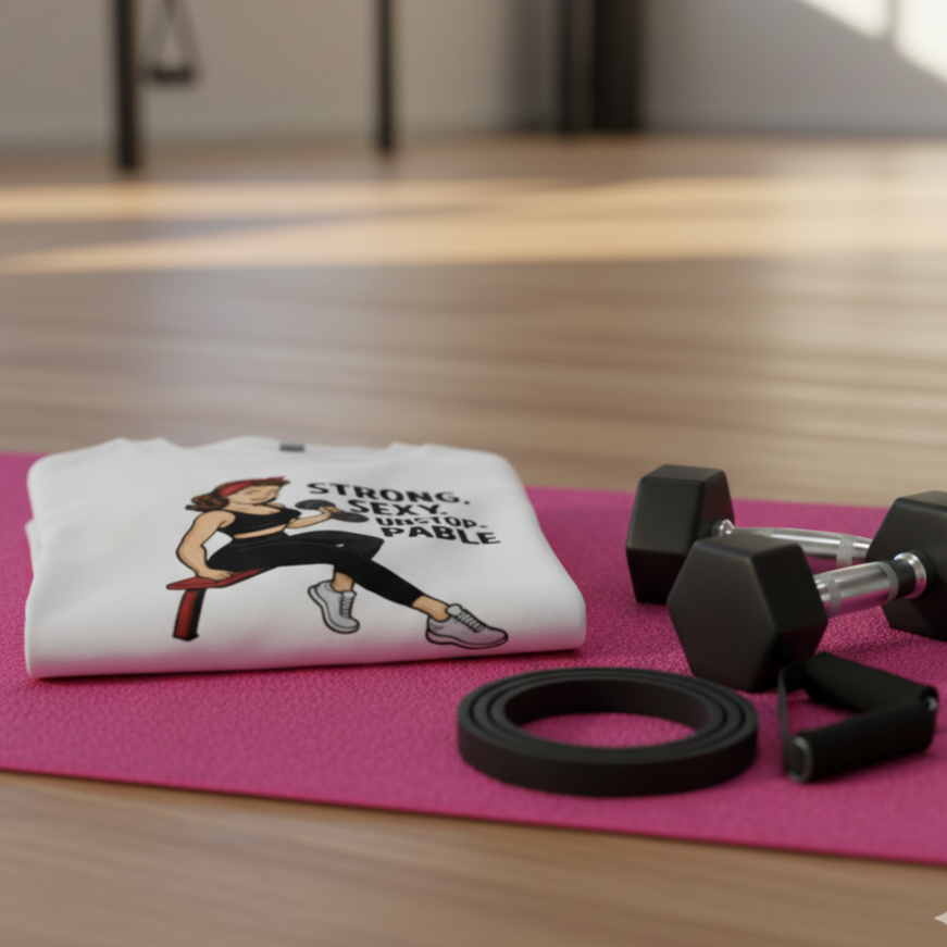 Crop Top Fitness para Mujer - Camiseta Corta Retro         "Strong, Sexy, Unstoppable"