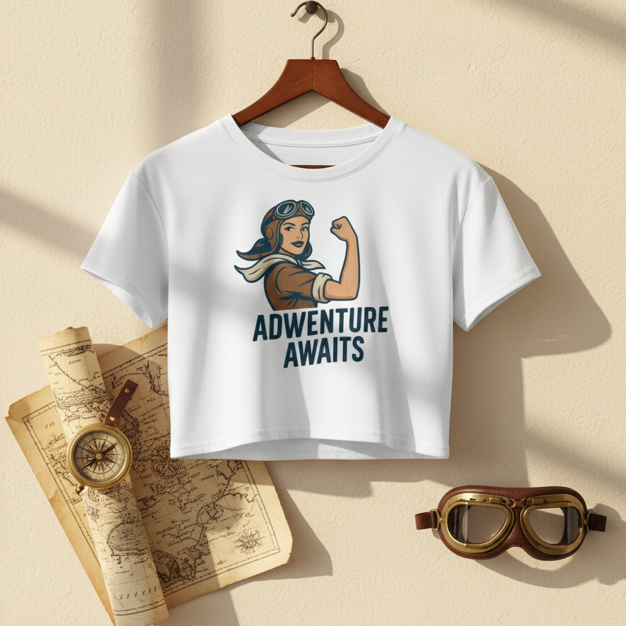 Crop Top de Aventura para Mujer - Camiseta Corta Retro "Adventure Awaits"