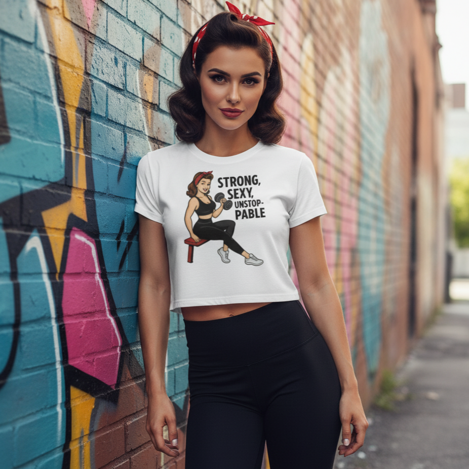 Crop Top Fitness para Mujer - Camiseta Corta Retro         "Strong, Sexy, Unstoppable"