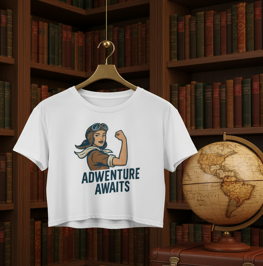 Crop Top de Aventura para Mujer - Camiseta Corta Retro "Adventure Awaits"