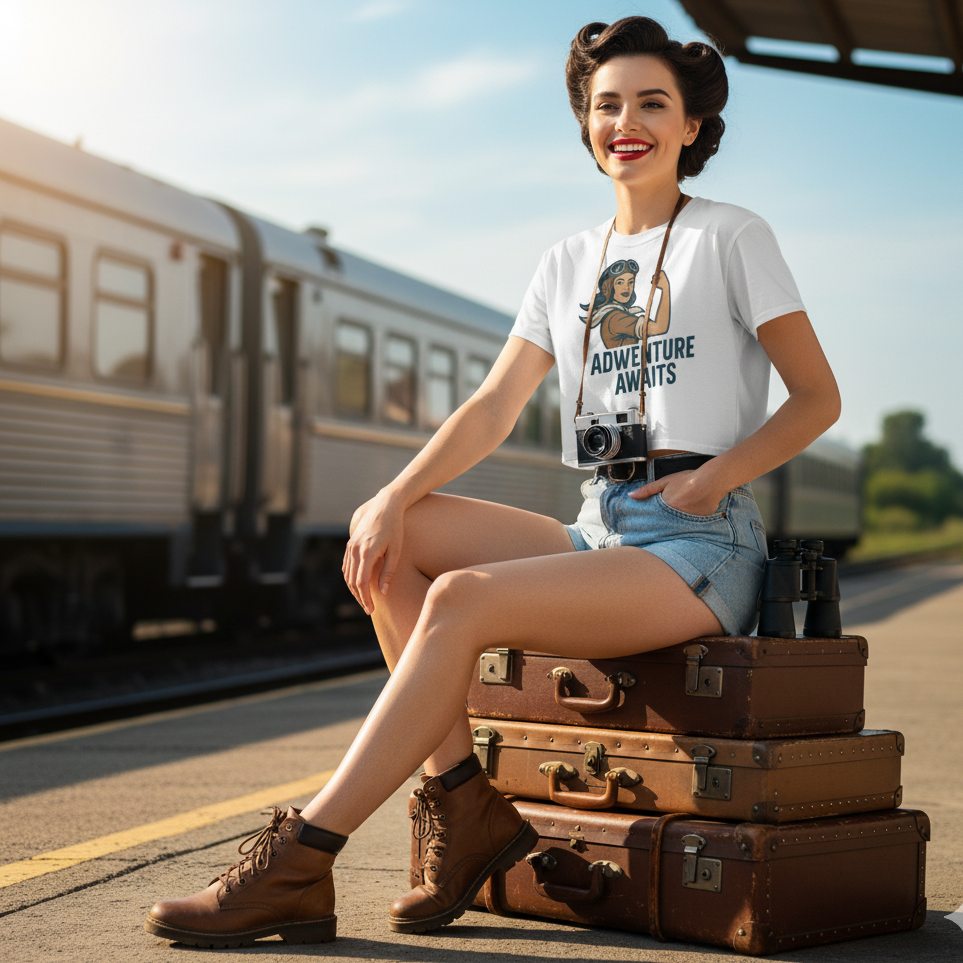 Crop Top de Aventura para Mujer - Camiseta Corta Retro "Adventure Awaits"